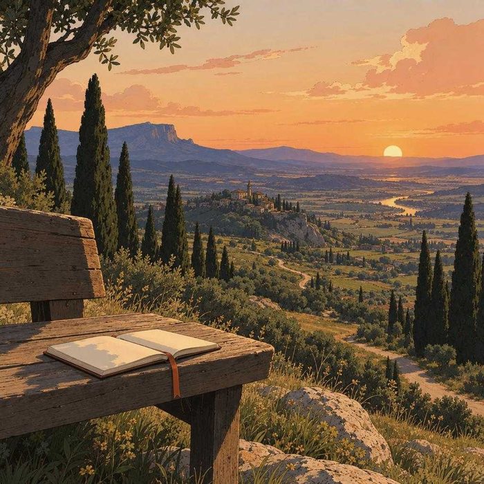 Painted hilltop bench at sunset with an open notebook, looking over the valley
