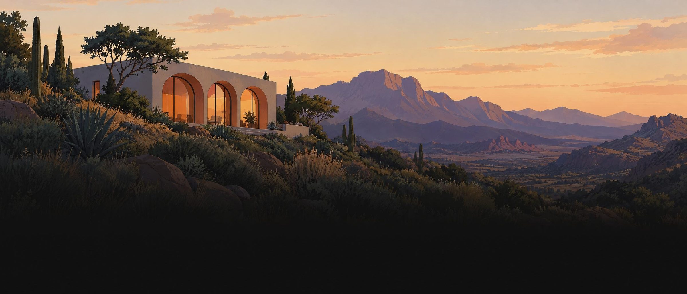 Painted studio with glowing arched windows on a hillside at dusk