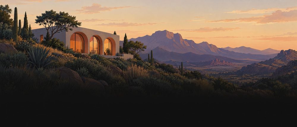 Painted studio with glowing arched windows on a hillside at dusk