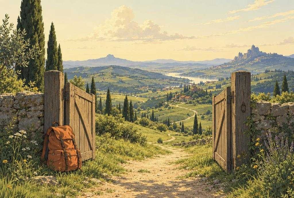 Painted open garden gate at the start of a path into a sunny valley, a clay backpack resting by the post