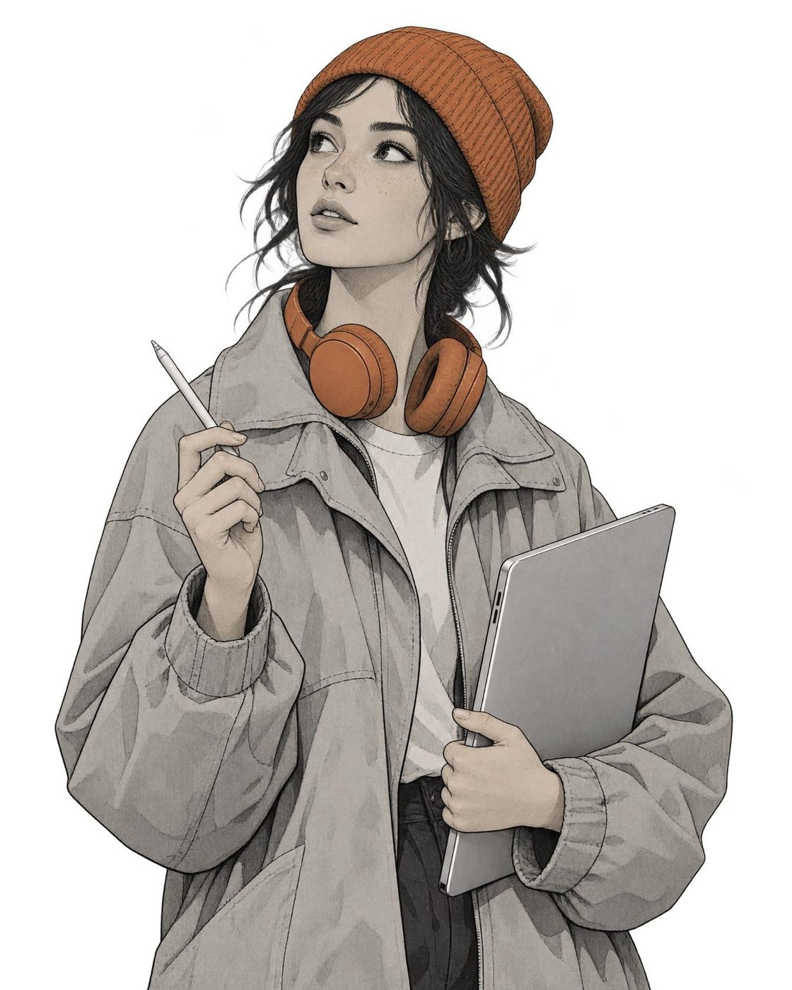 Illustration of a young woman with a tablet looking up, curious