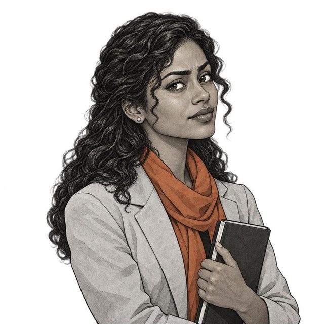 Illustrated portrait of Priya holding a notebook