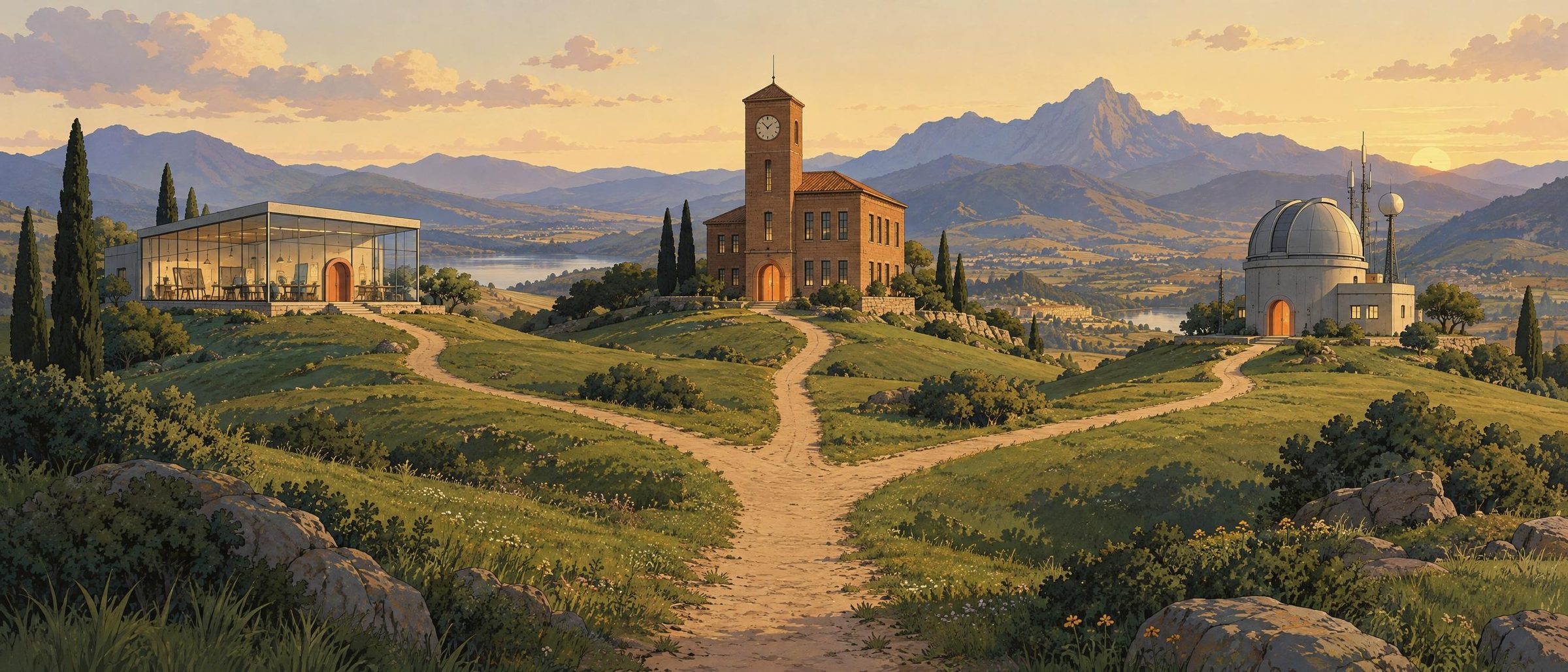 Painted valley at golden hour where one path splits toward a design studio, an office tower and a small observatory